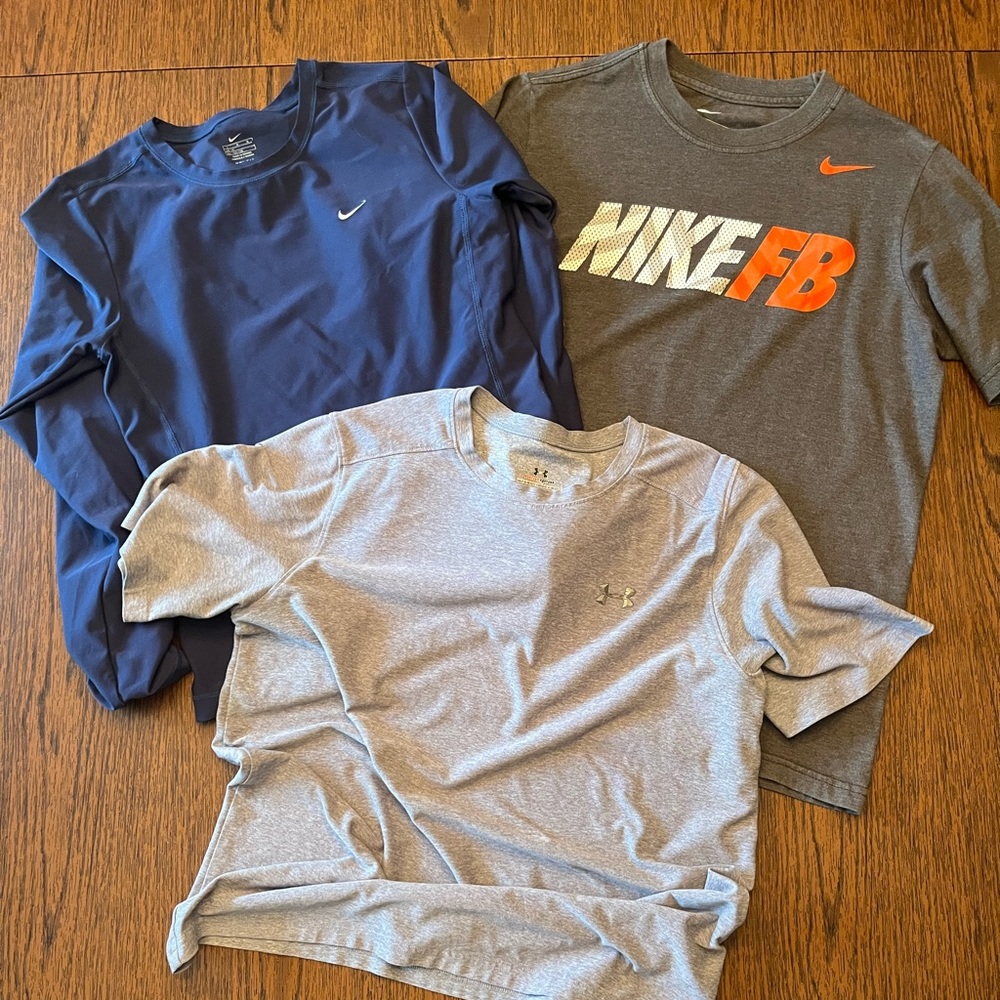 VALUE pkg 3 shirts - Youth L - Nike dri fit & tshirt, Under Armour dri fit